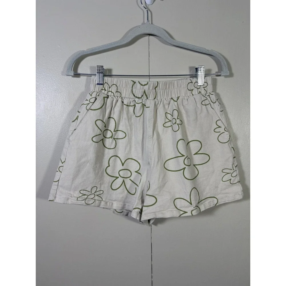 Bailey Rose Green Floral Outline Cream Denim Shorts M Daisy Indie Beachy Whimsy - Picture 1 of 4